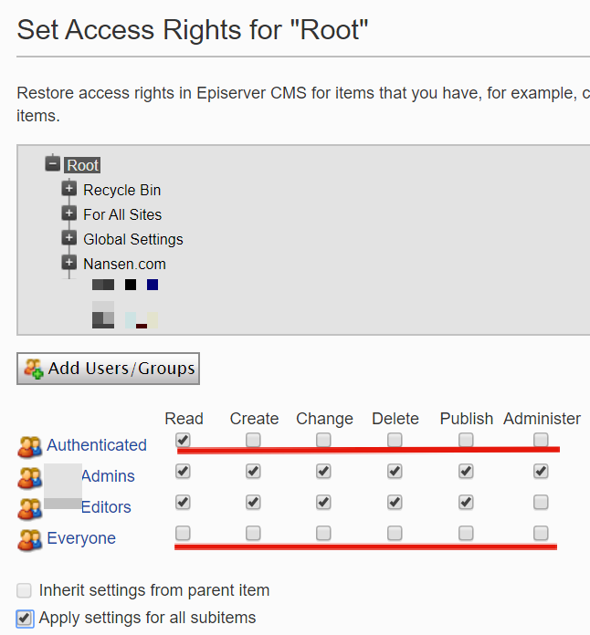 access rights authenticated