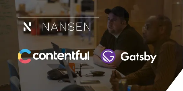 Two people looking at a screen with an overlay and Nansen, Contentful, and Gatsby logos