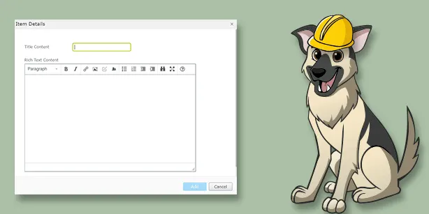 picture of cartoon dog in hard hat with toolbox and an image of the tinymce modal in episerver edit mode
