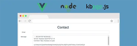 Hero with logos for vue, node, and keybase over screenshot of contact form