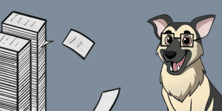 Hero with cartoon dog wearing glasses, as well as a stack of paper representing documents