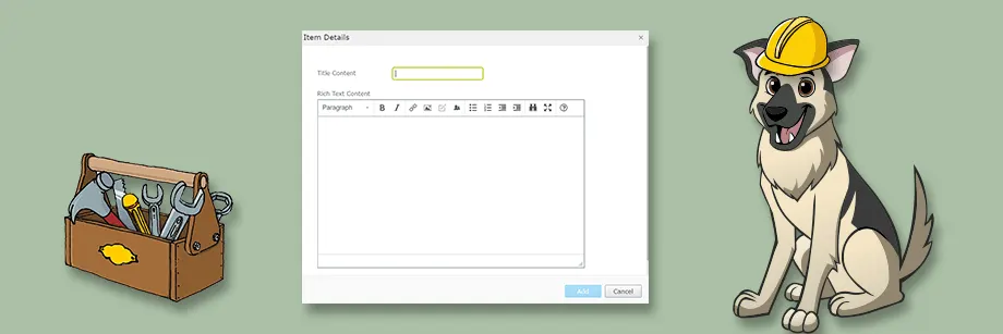 picture of cartoon dog in hard hat with toolbox and an image of the tinymce modal in episerver edit mode