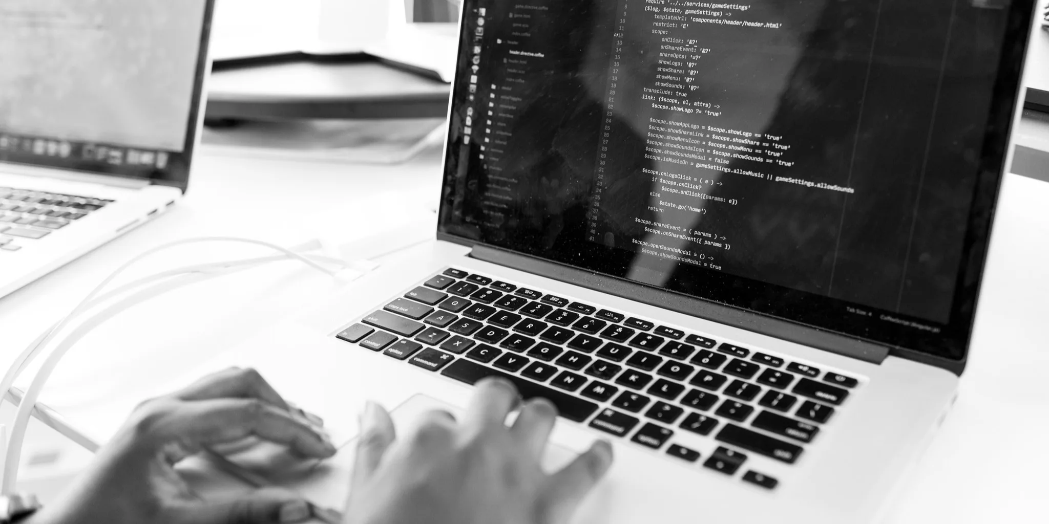 Black and white photo of someone at laptop looking at code.