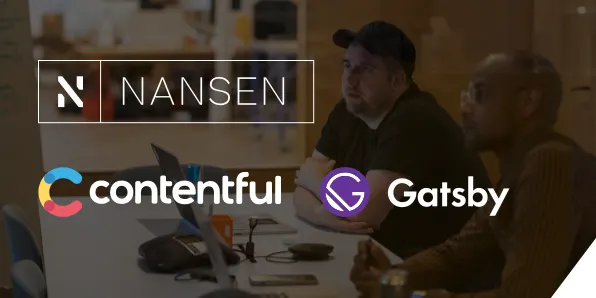 Two people looking at a screen with an overlay with logos for Nansen, Contentful, and Gatsby