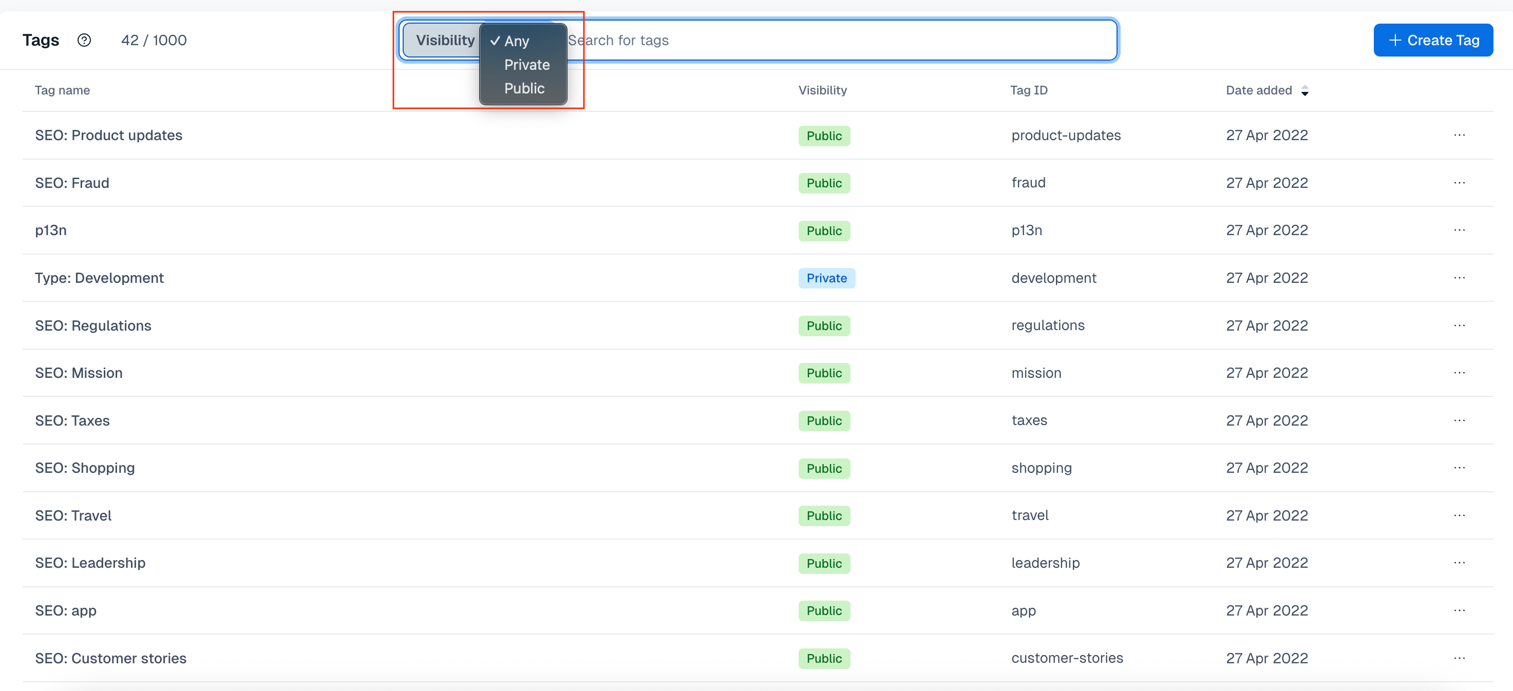 tags - creating a tag - visibility filter tag