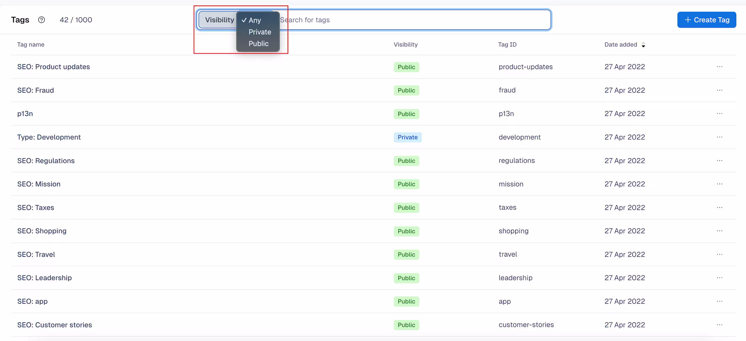 tags - creating a tag - visibility filter tag