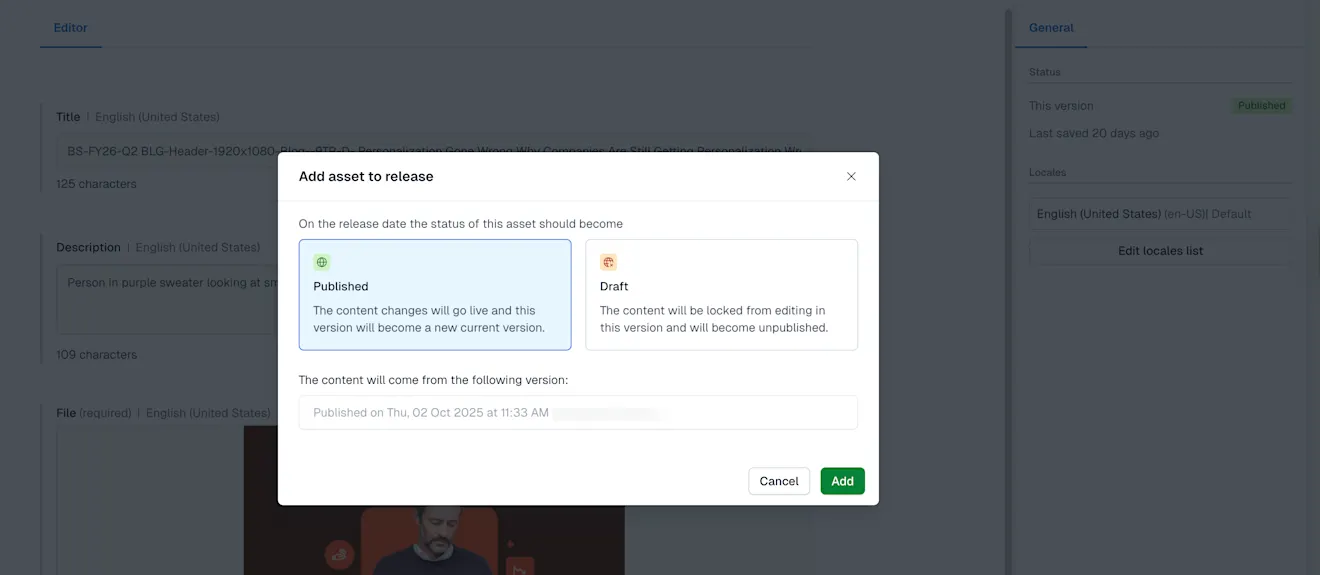 Timeline: Add asset to release modal