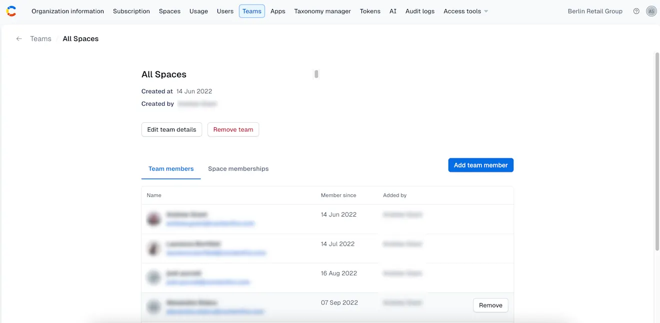 Teams: team details page