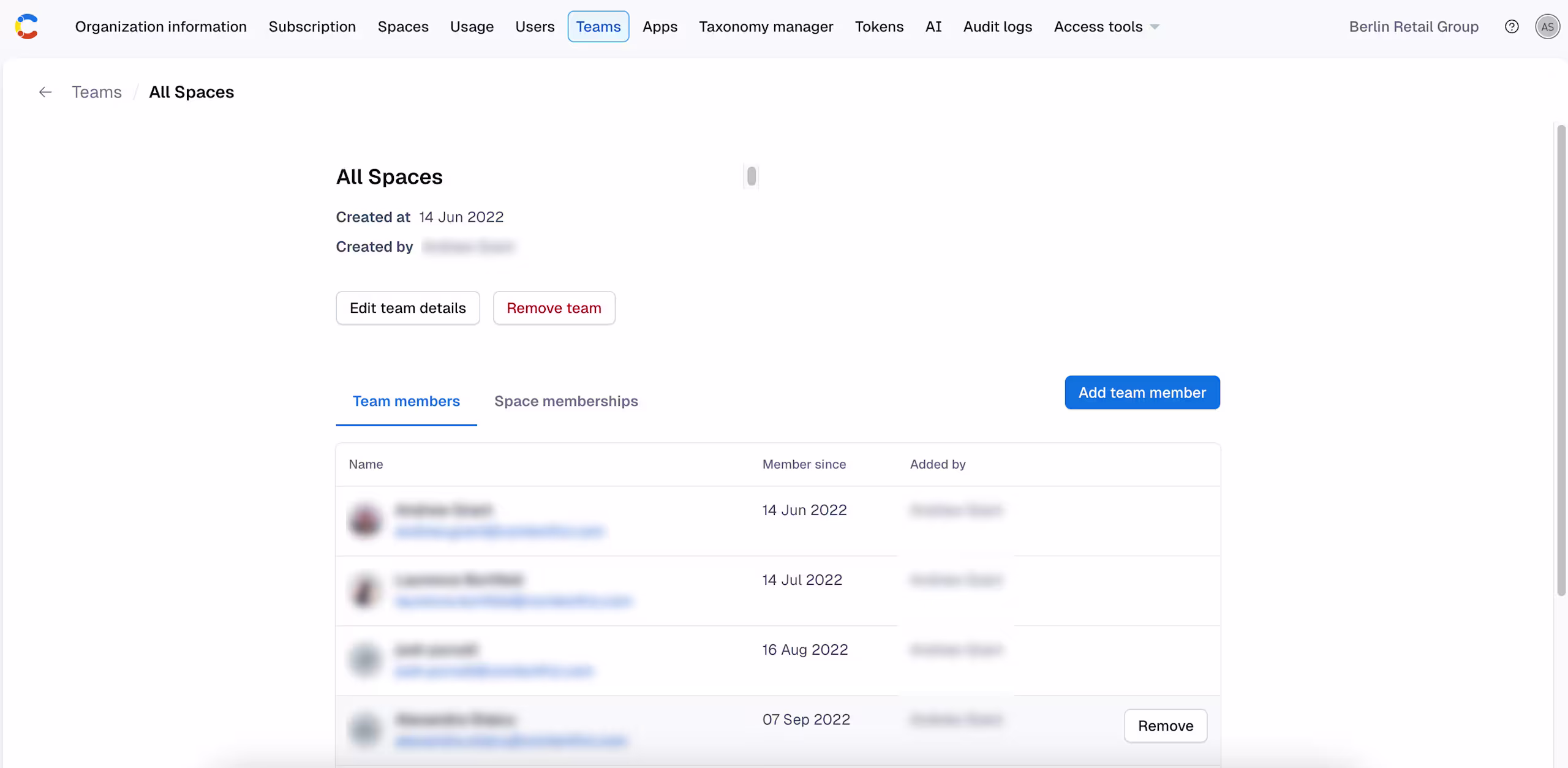 Teams: team details page