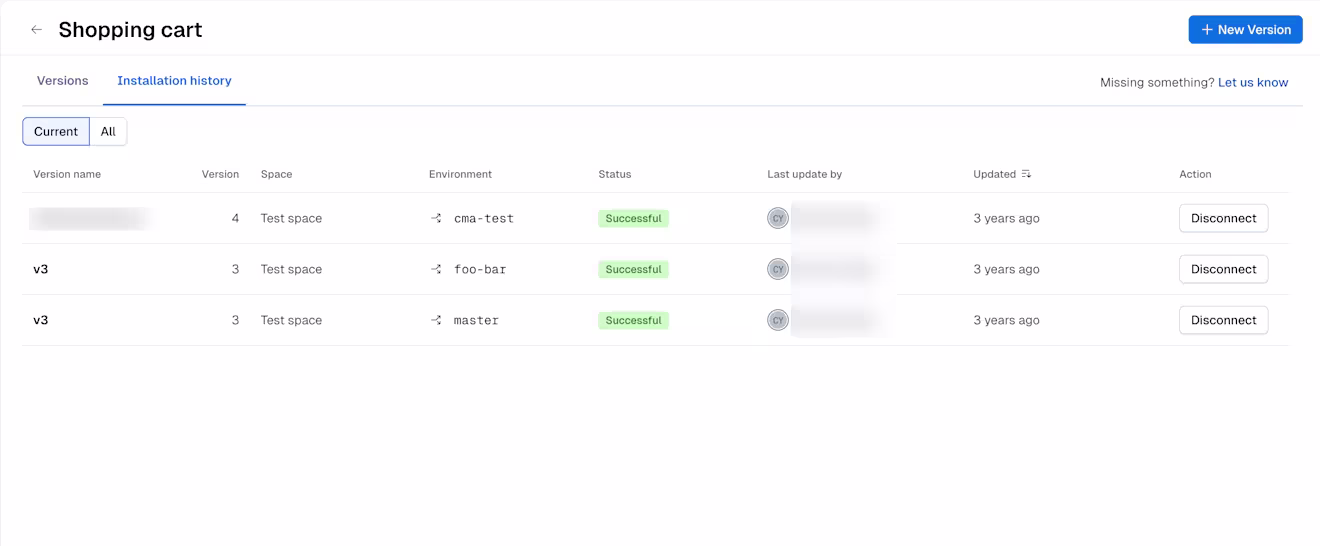 Content model templates: Installation history tab