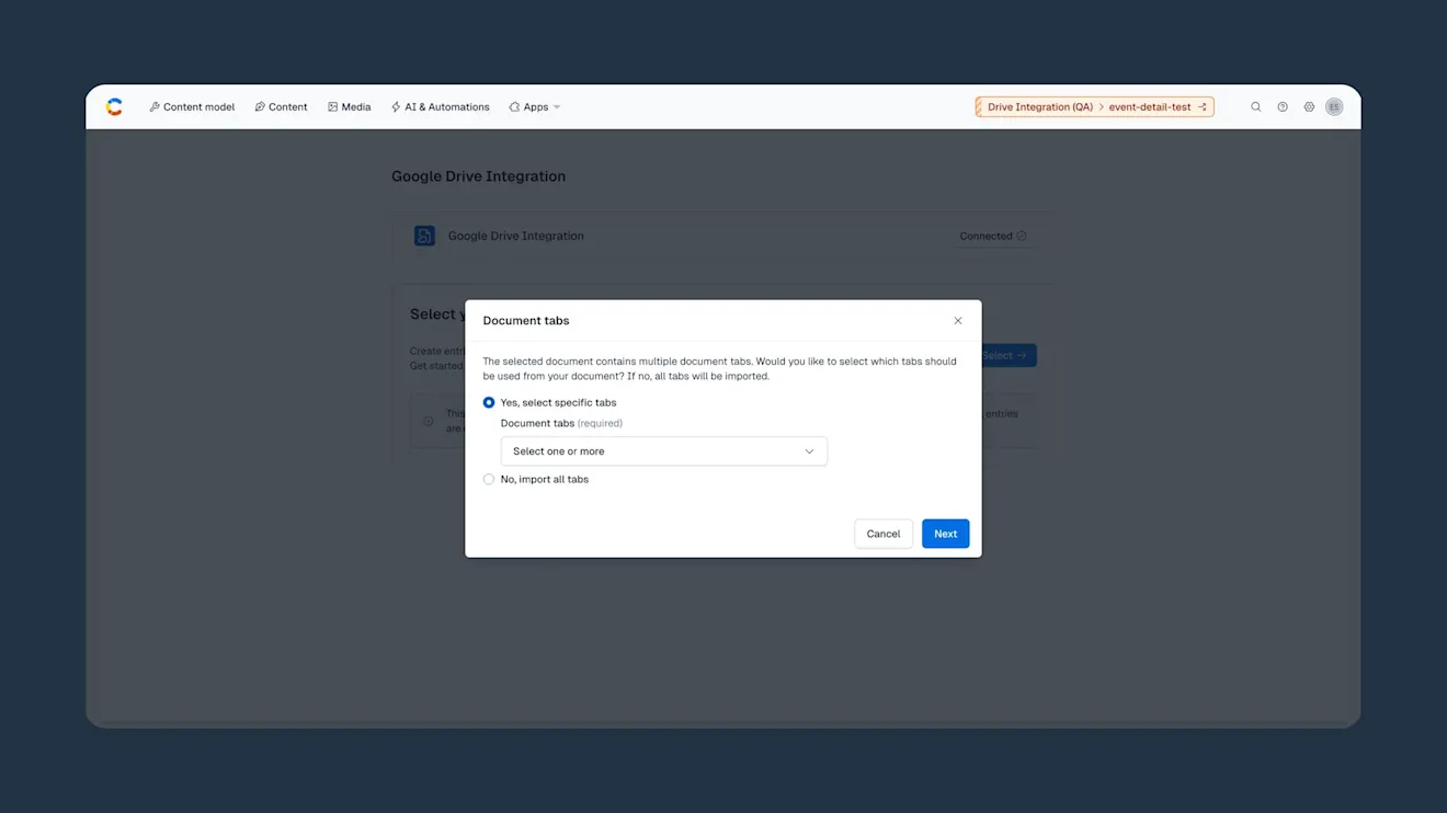Drive Integration app select tabs