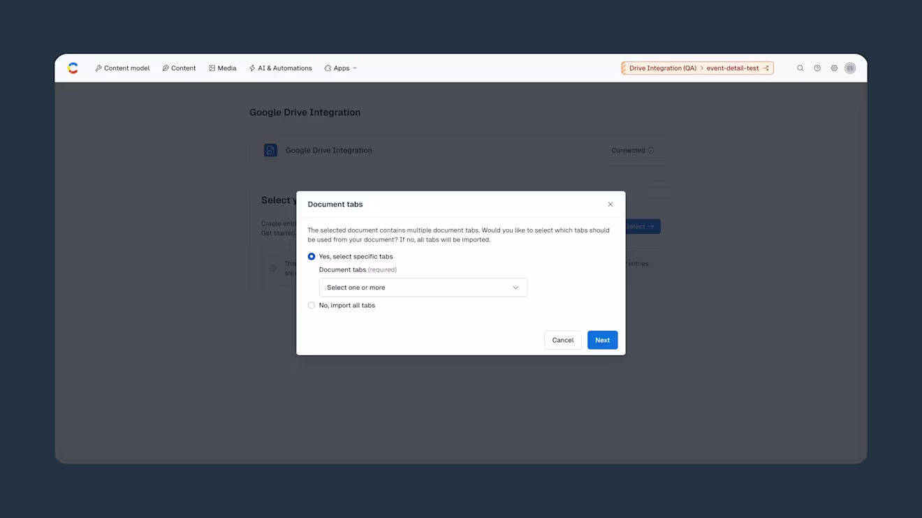 Drive Integration app select tabs