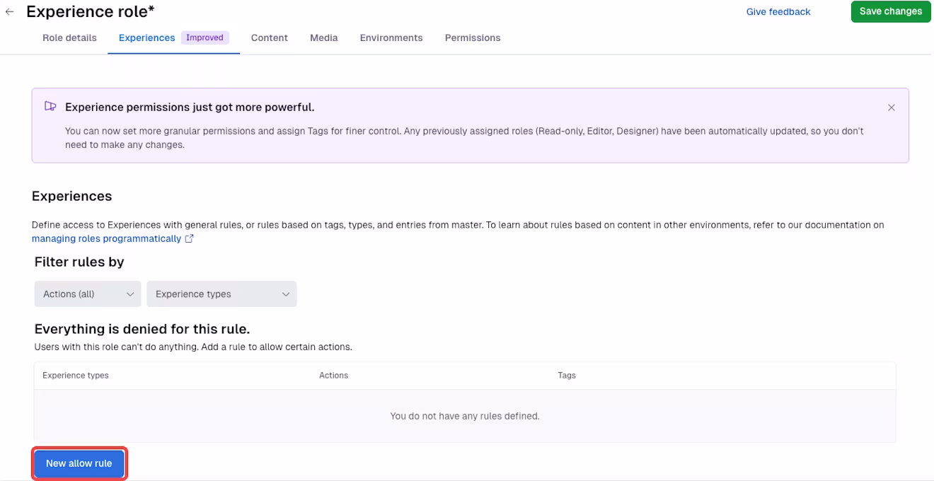 Experiences Add new allow rule