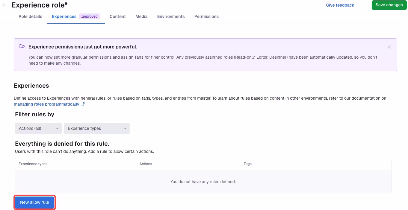 Experiences Add new allow rule