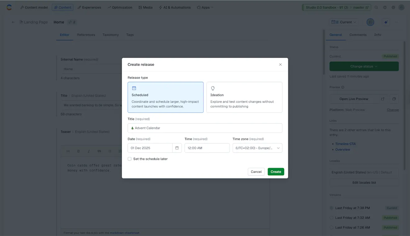Timeline: the "Create release" modal