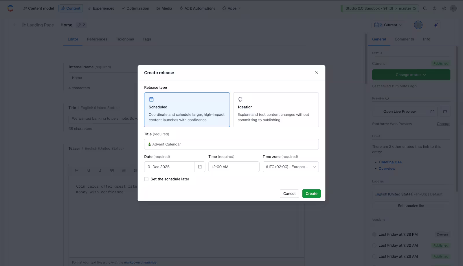 Timeline: the "Create release" modal