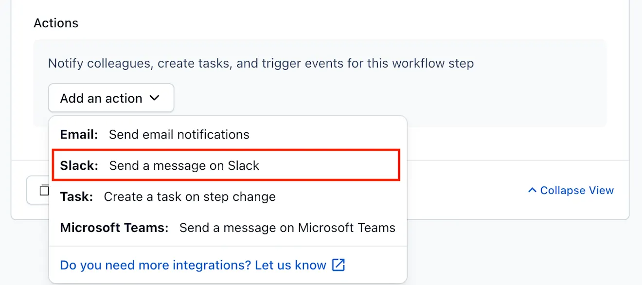 workflows Slack action