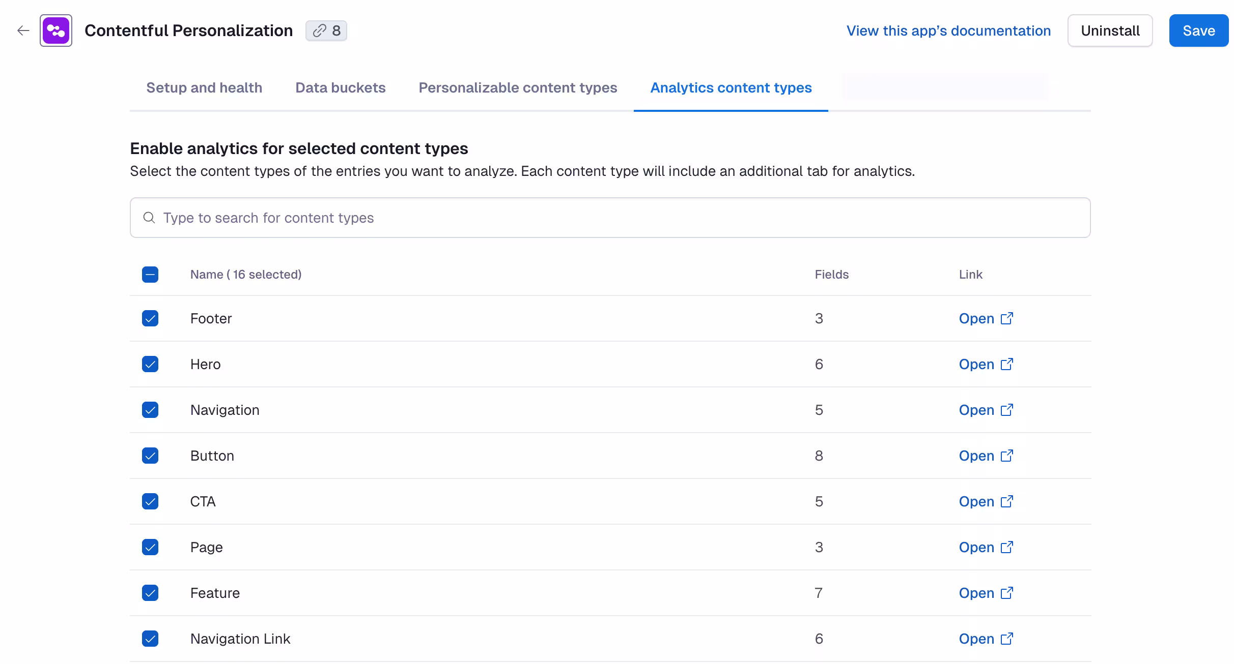 Setup and health: Analytics content types tab