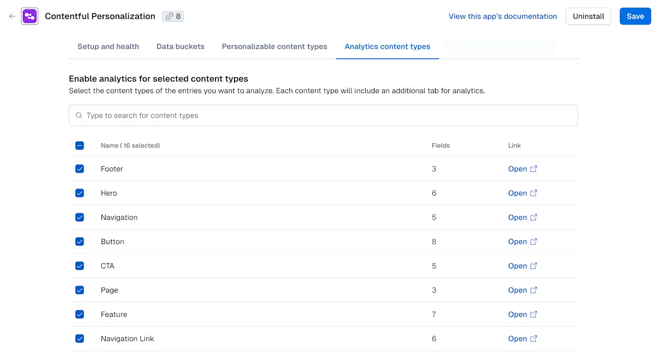 Setup and health: Analytics content types tab