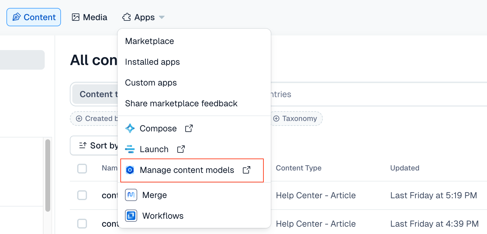 Access the Content model templates app