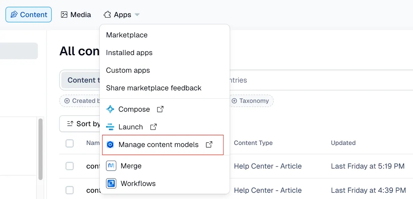 Access the Content model templates app