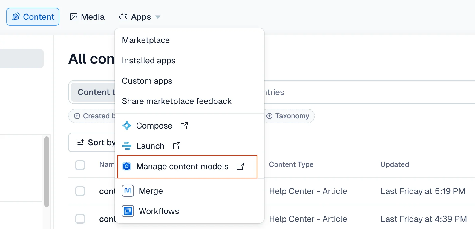 Access the Content model templates app