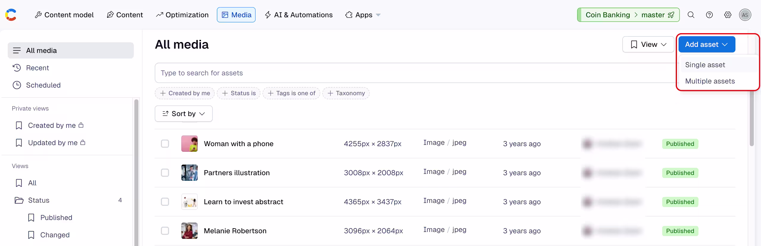 Media tab: Add asset
