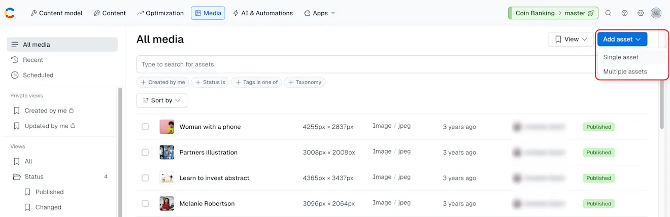 Media tab: Add asset
