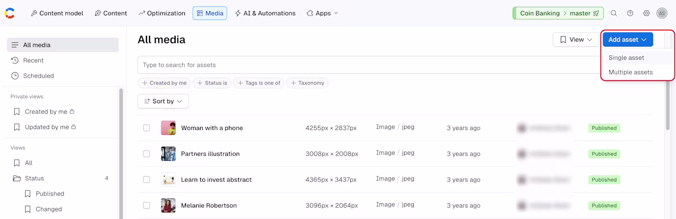 Media tab: Add asset