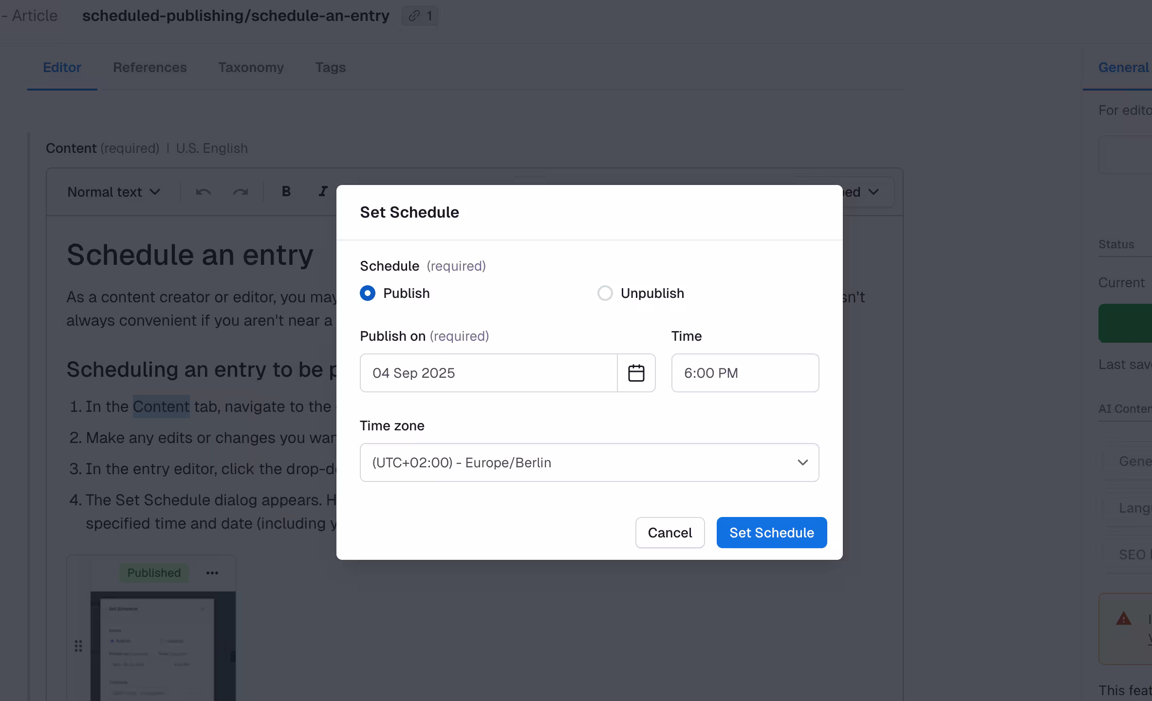 Set Schedule dialog