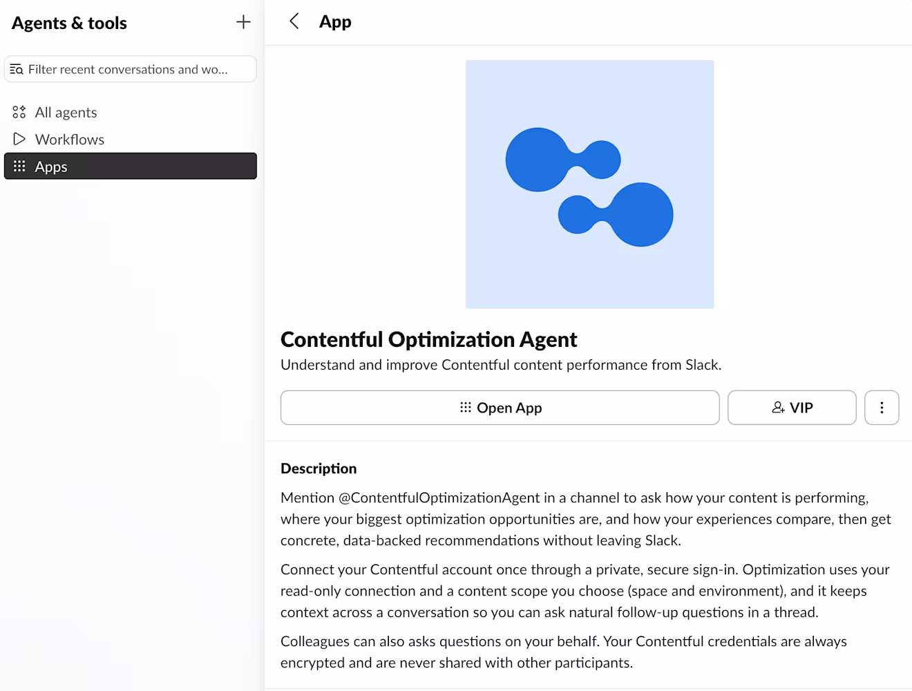 Opt Slack Agent: The agent page in Slack