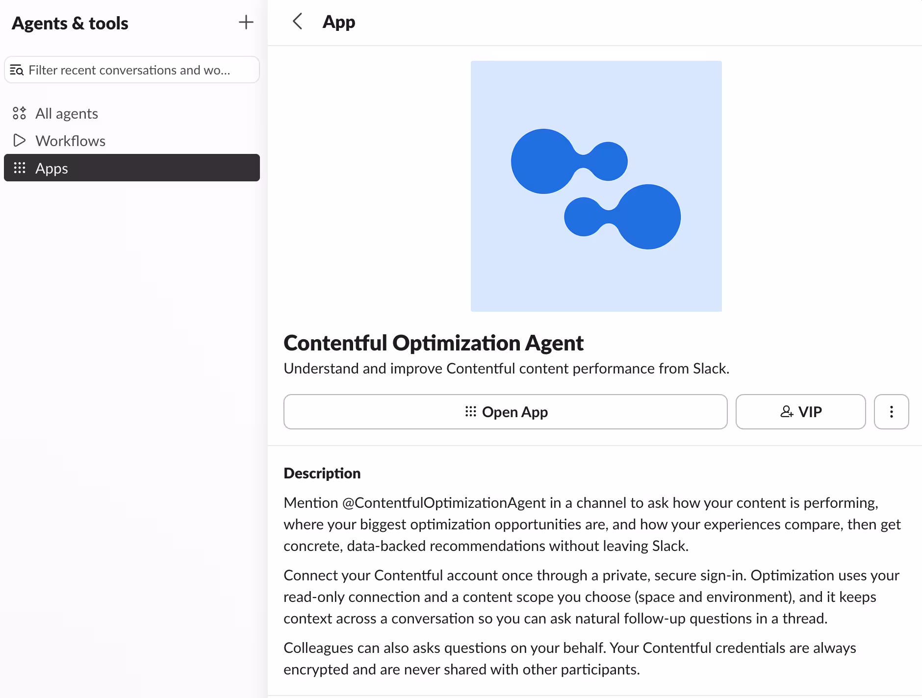 Opt Slack Agent: The agent page in Slack