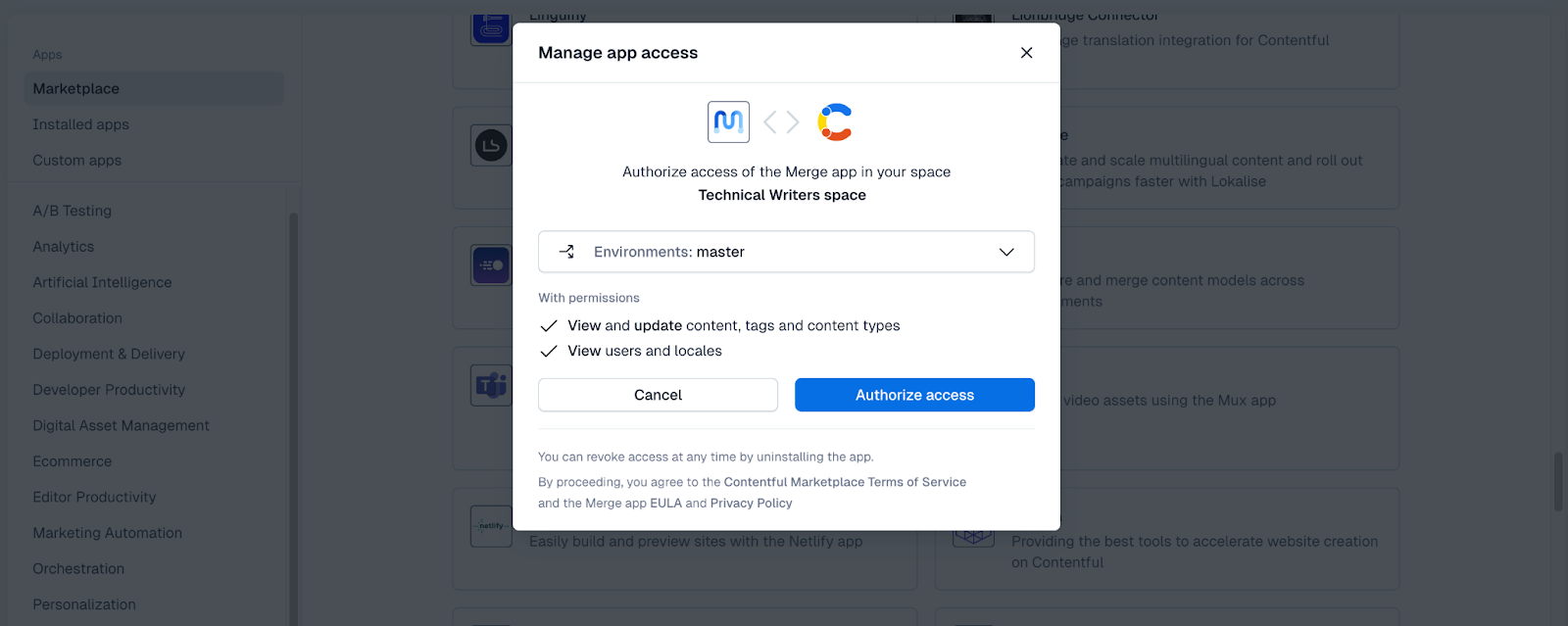 Merge app: Manage access