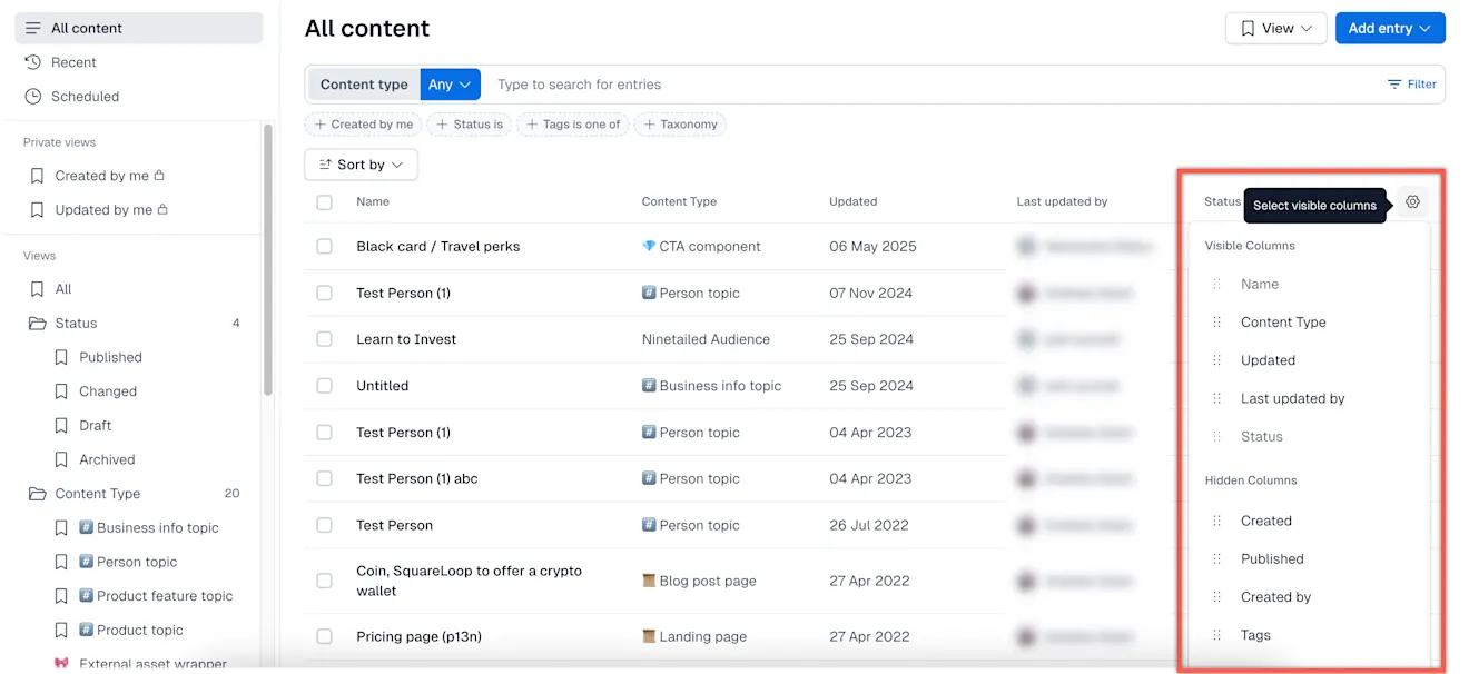 Content tab: Add/remove columns