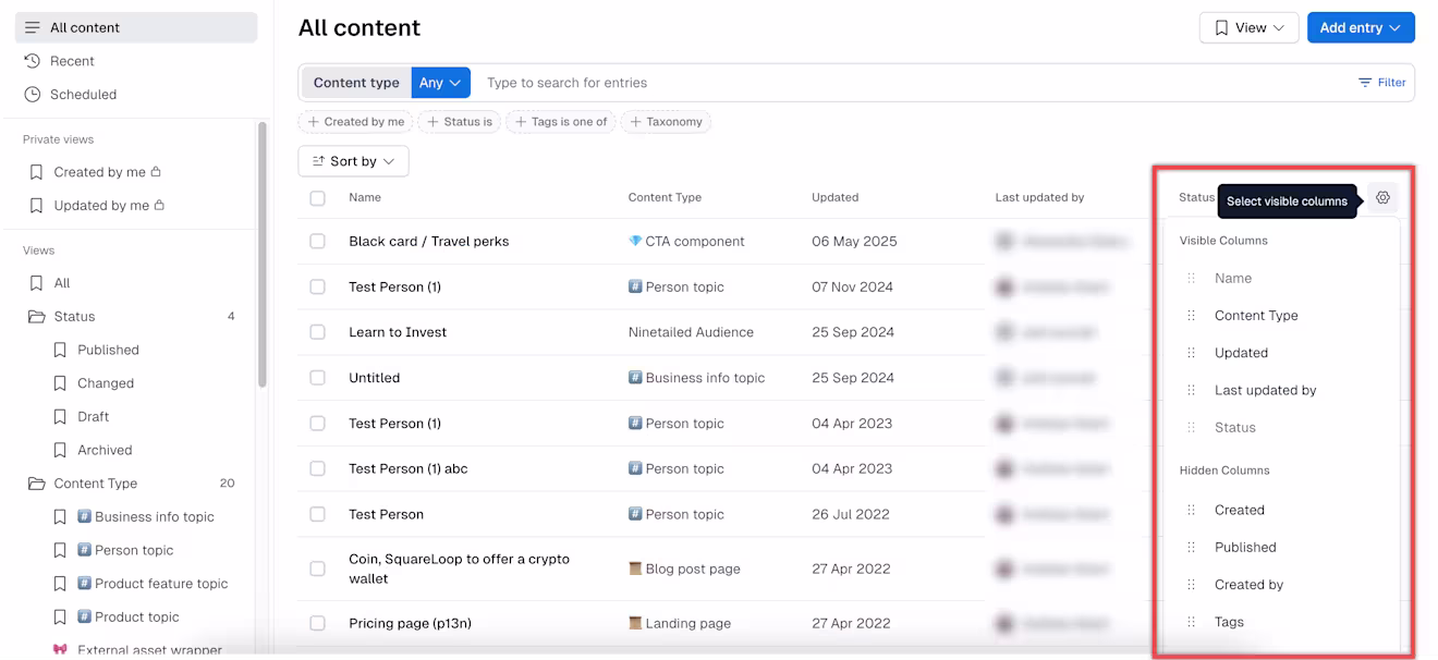 Content tab: Add/remove columns