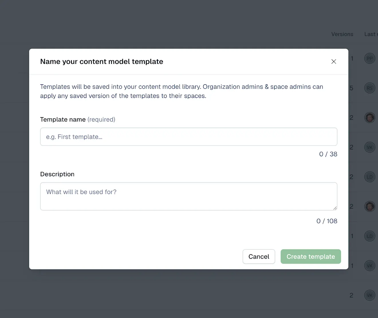 Content model templates: Name your content model template modal