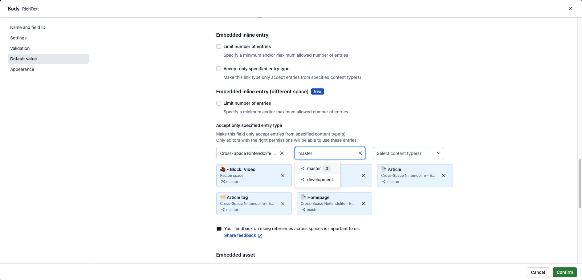 Cross-space references in Rich Text select env