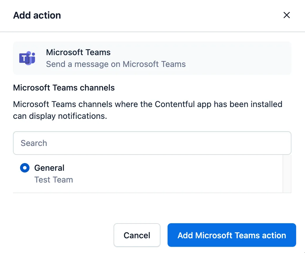 workflows Microsoft Teams add action modal