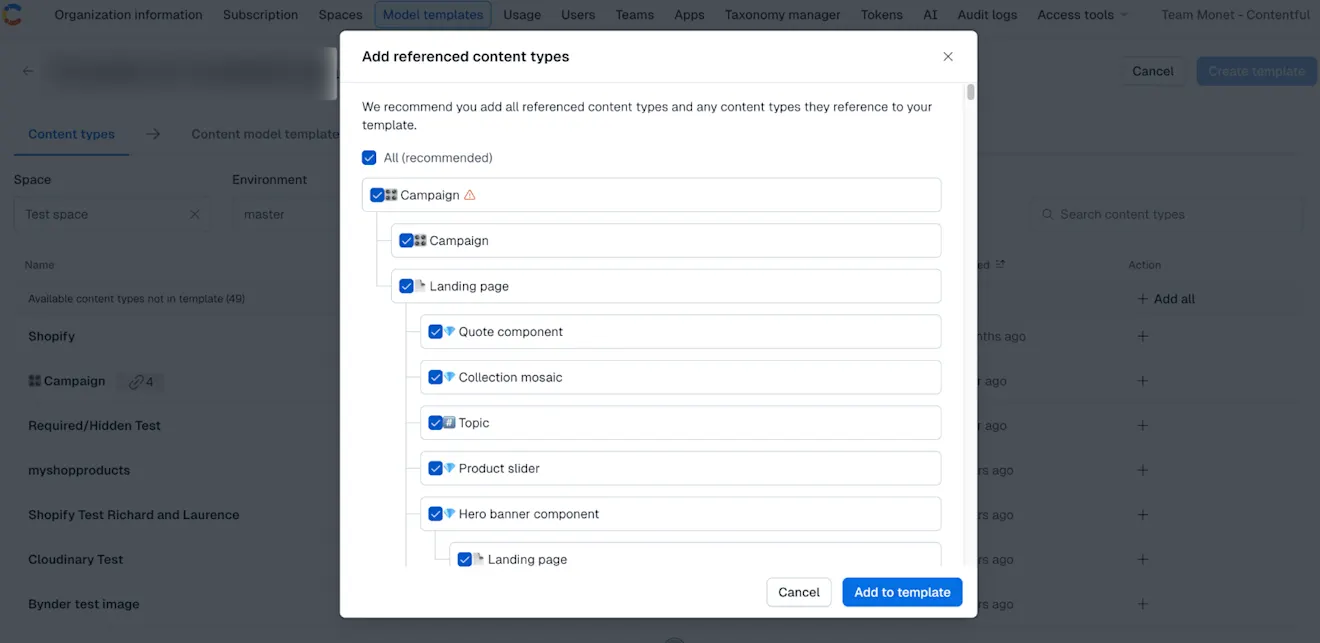 Content model templates: "Add referenced content types" modal