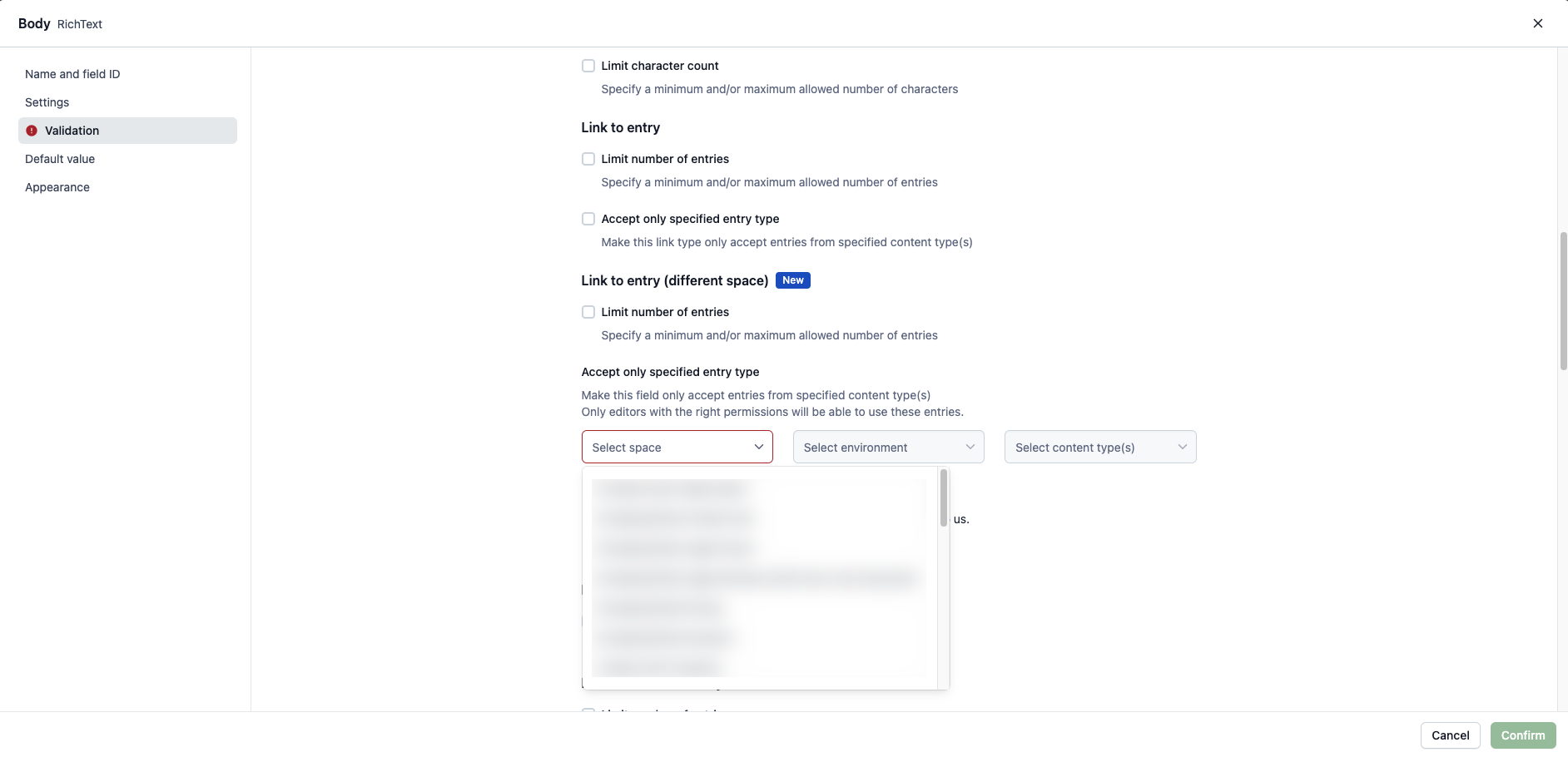 Cross-space references in Rich Text Select space for hyperlink