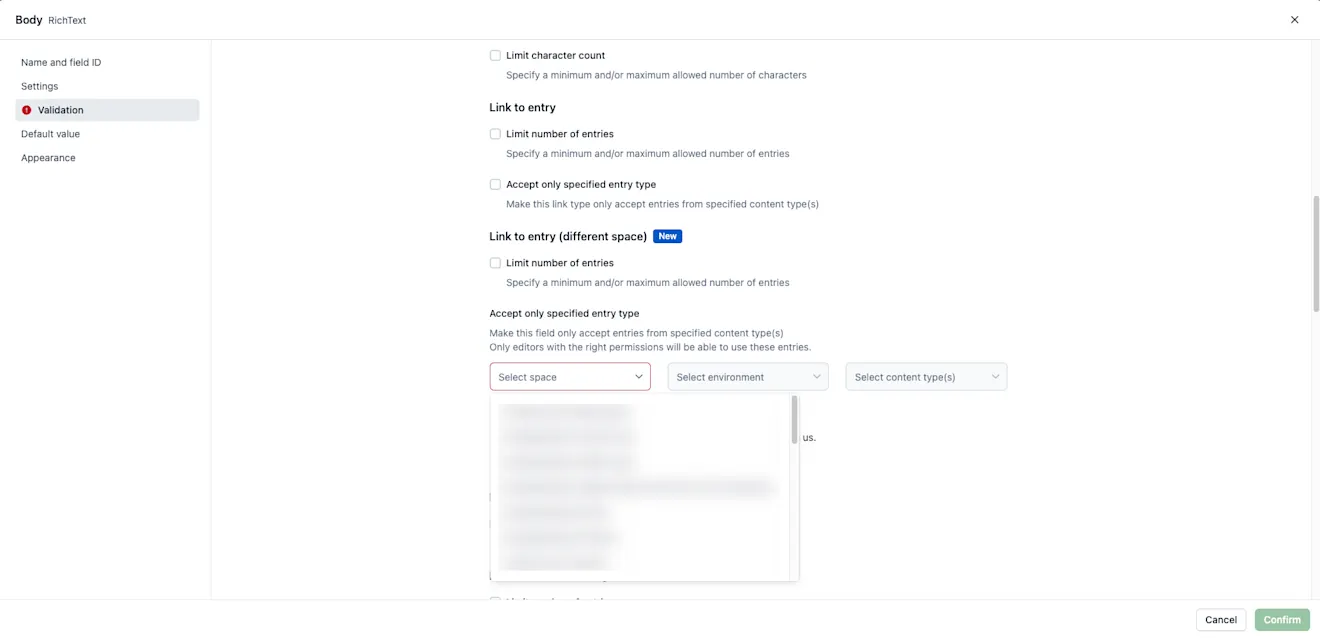 Cross-space references in Rich Text Select space for hyperlink