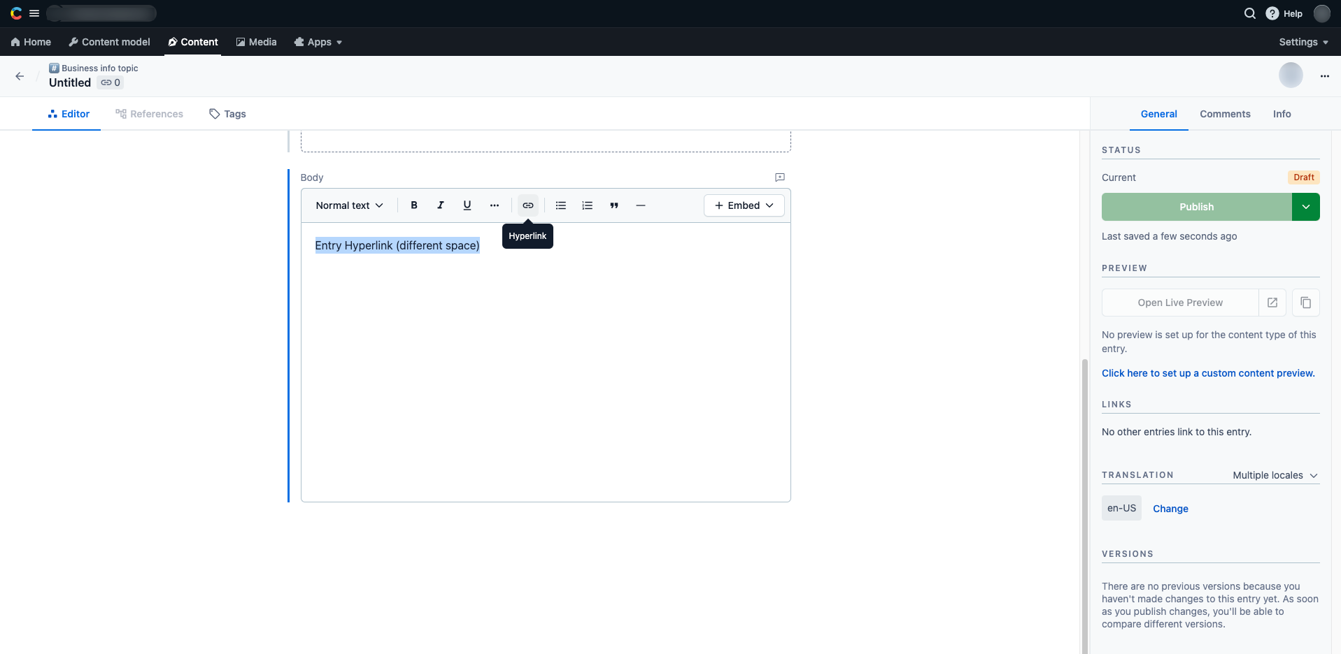 Cross-space references in Rich Text Click hyperlink