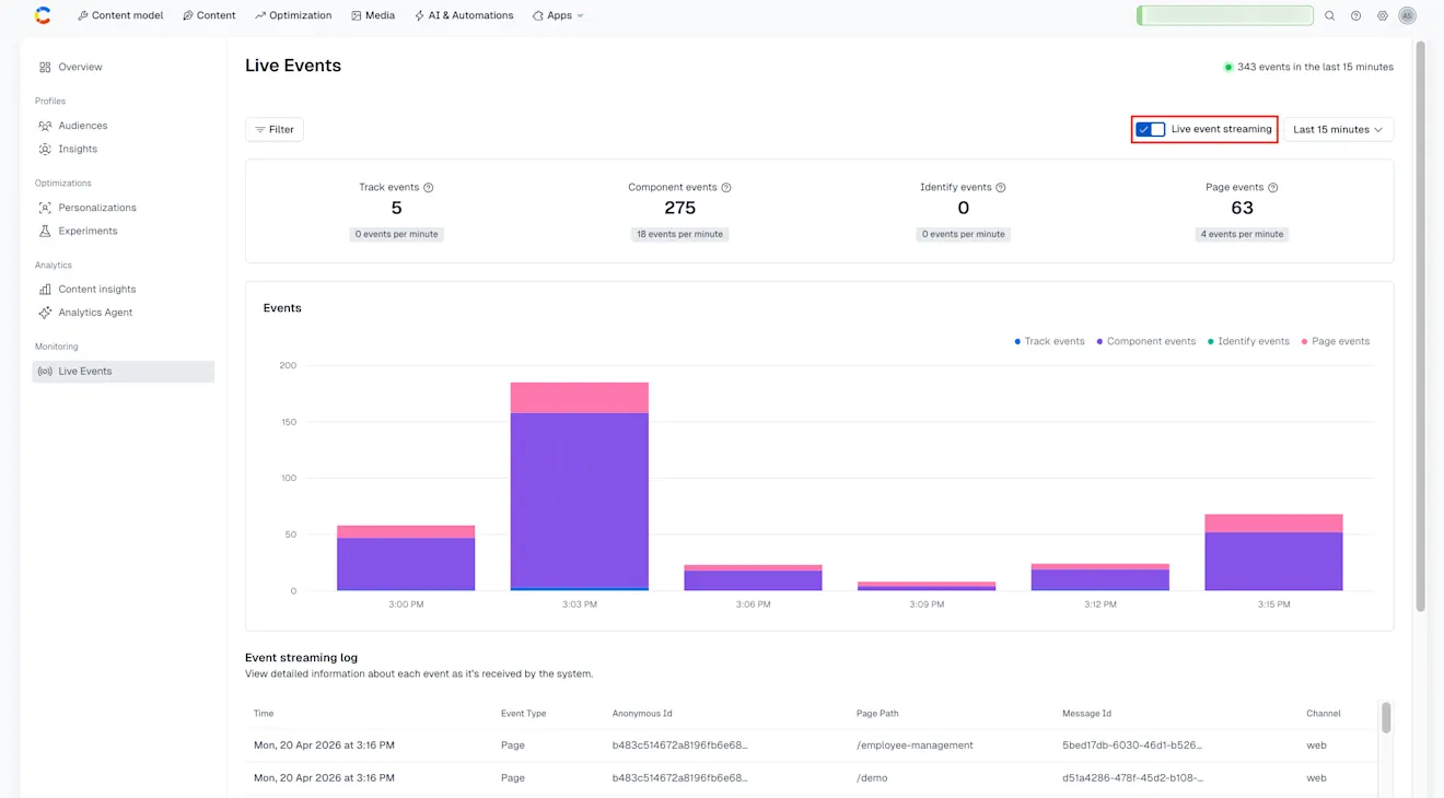 Personalization: Live Events with the Live event streaming option on