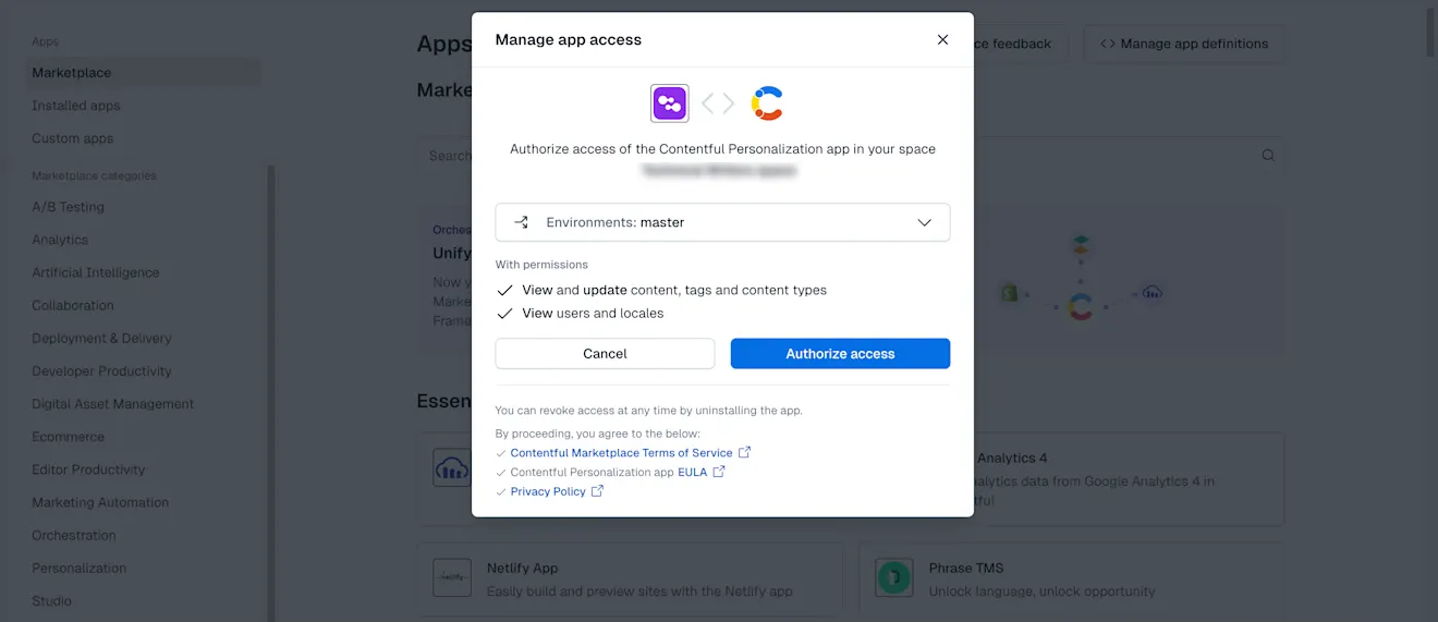 Contentful Personalization: Manage access modal