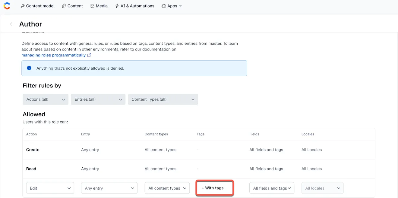 Role editor page - With tags button