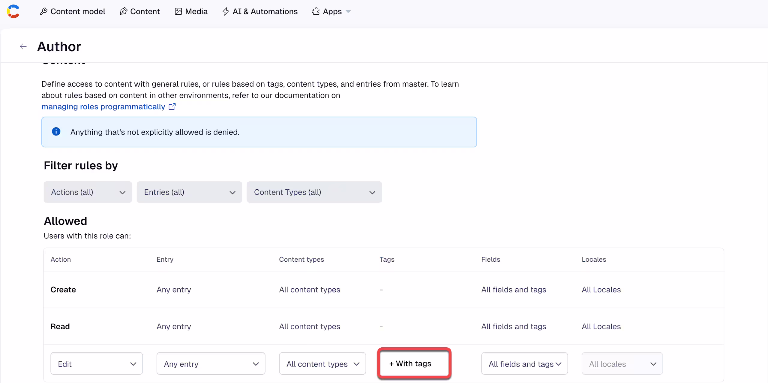 Role editor page - With tags button