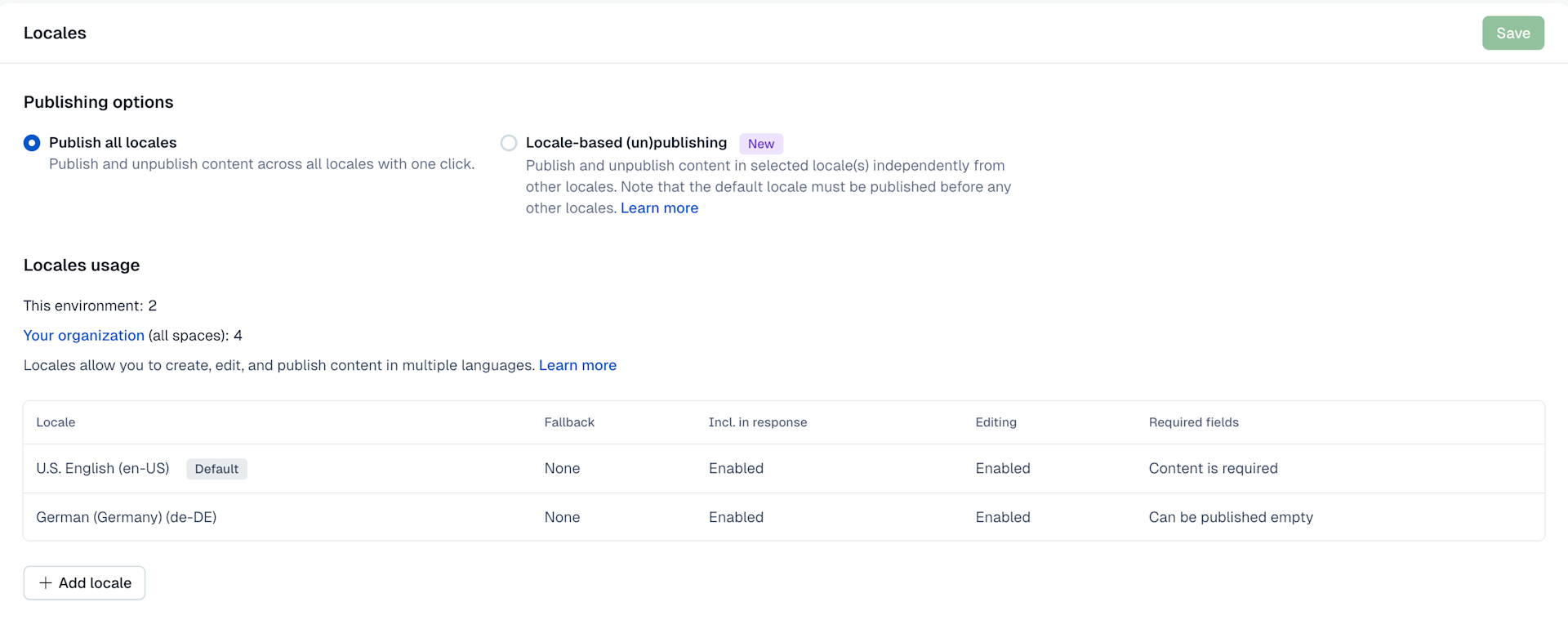 The Locales page in the Environment settings
