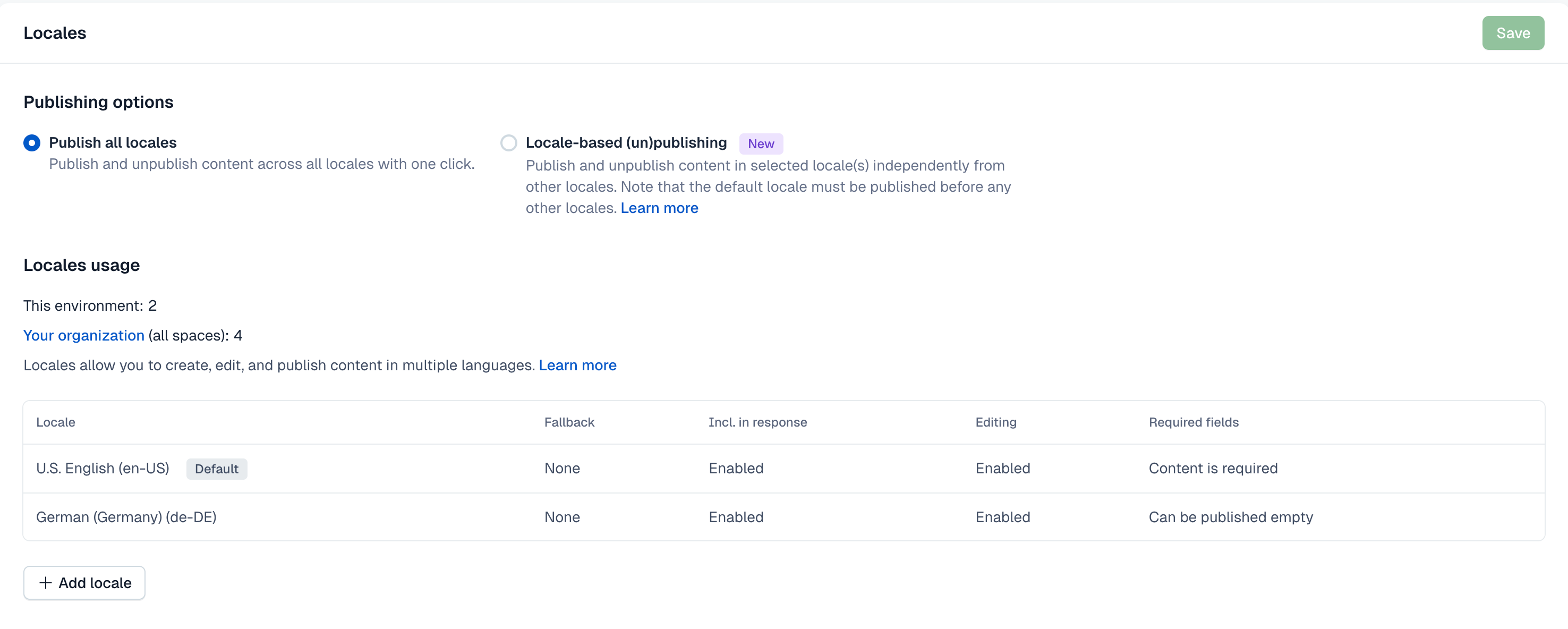The Locales page in the Environment settings