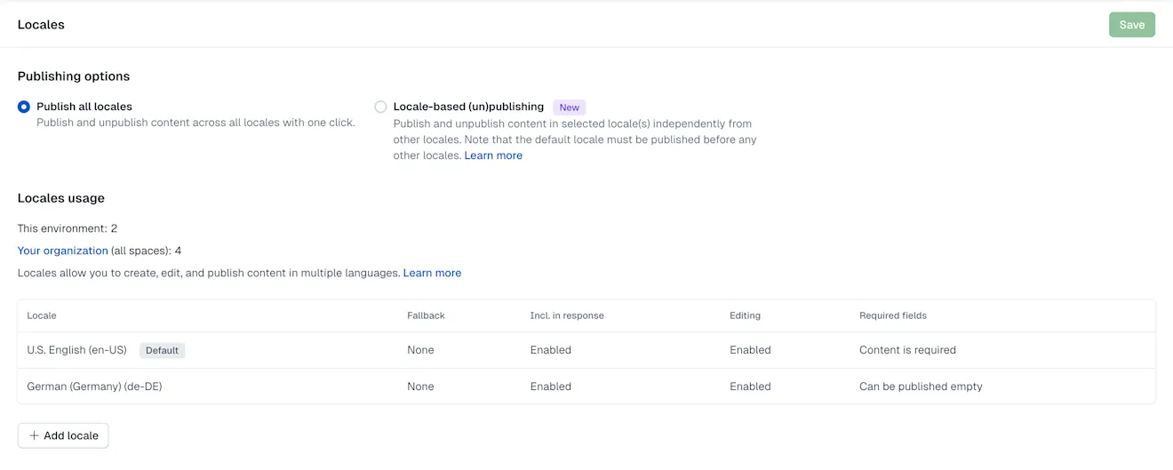 The Locales page in the Environment settings