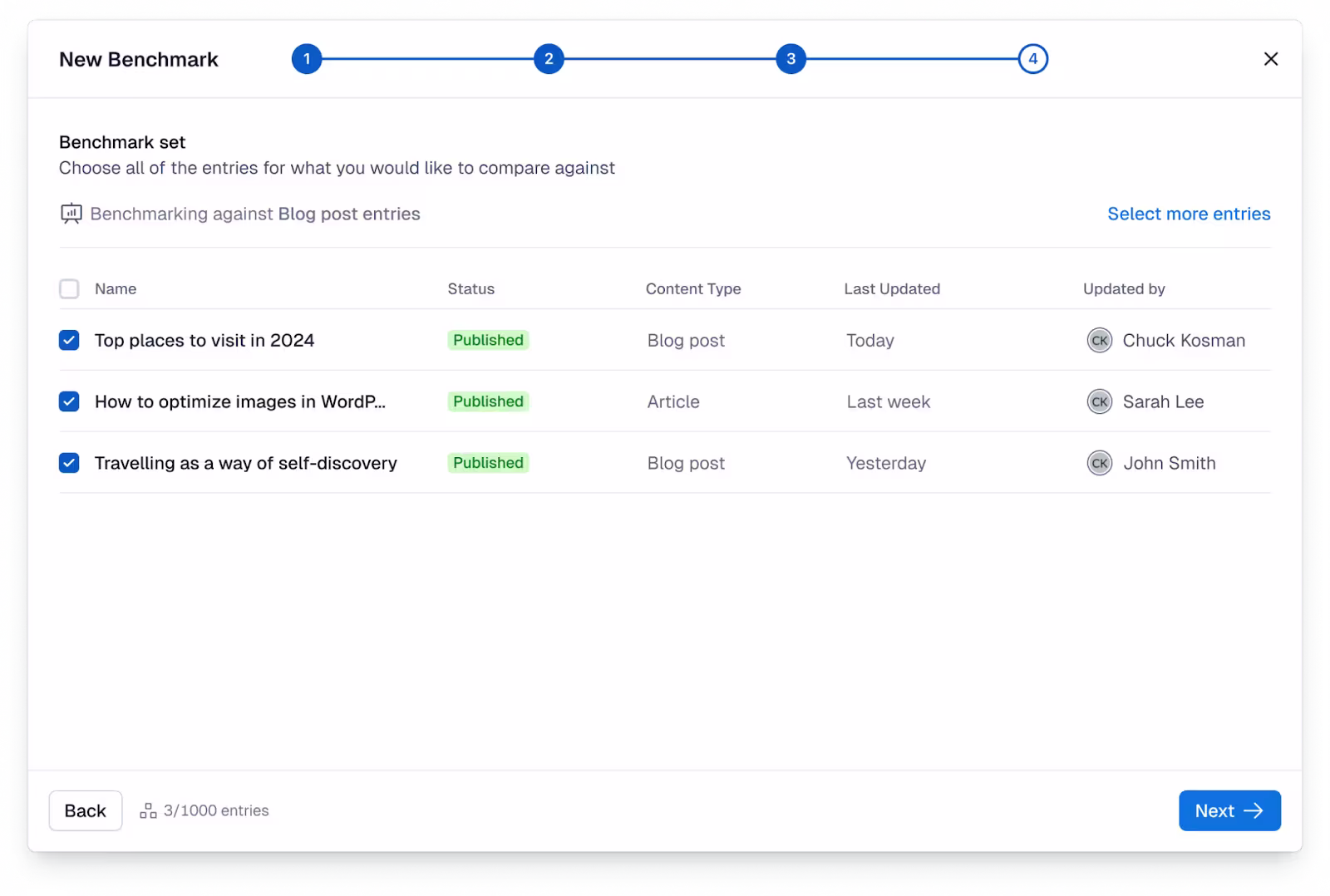 Analytics Benchmarking: Show selected entries